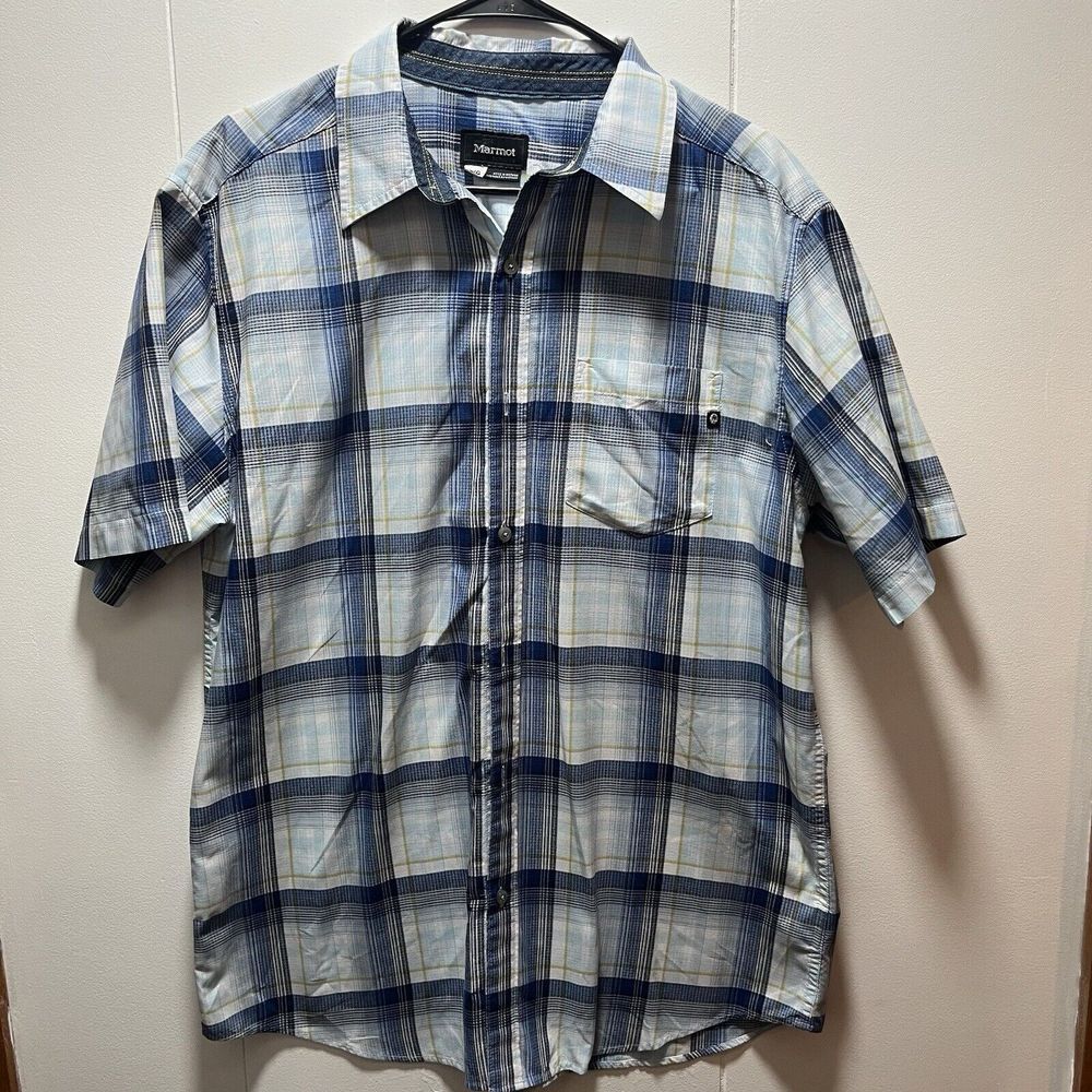 Marmot Shirt Mens Size Large Short Sleeve Button Front Hiking Camping Blue Plaid
